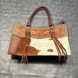 American Darling Brown and Cream Leather Tote with Turquoise Accents